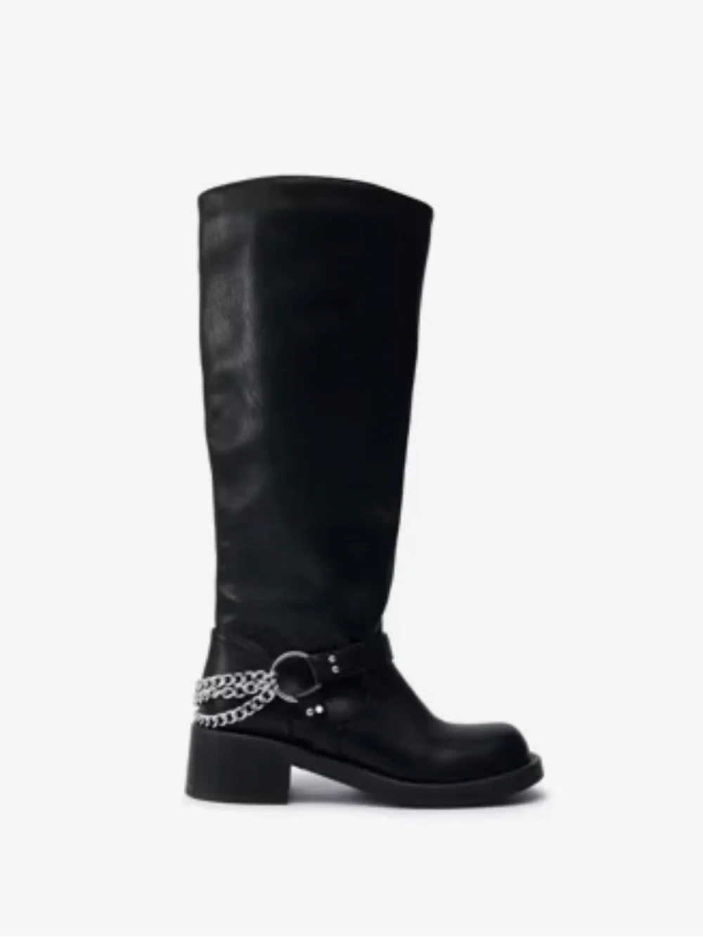 Women's Black Over-the-Knee Leather Moto Boots with Silver Harness Detail